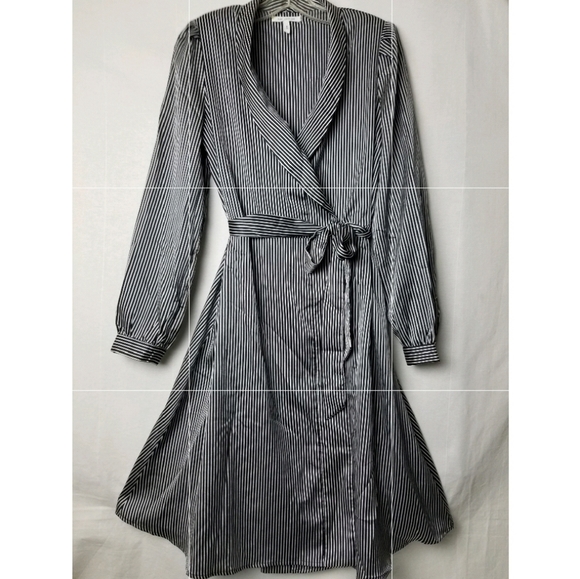 Avec Les Filles Dresses & Skirts - New Avec Les Filles Black Striped Wrap Dress Satin A-line Long Sleeve Sz Small